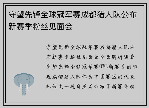 守望先锋全球冠军赛成都猎人队公布新赛季粉丝见面会